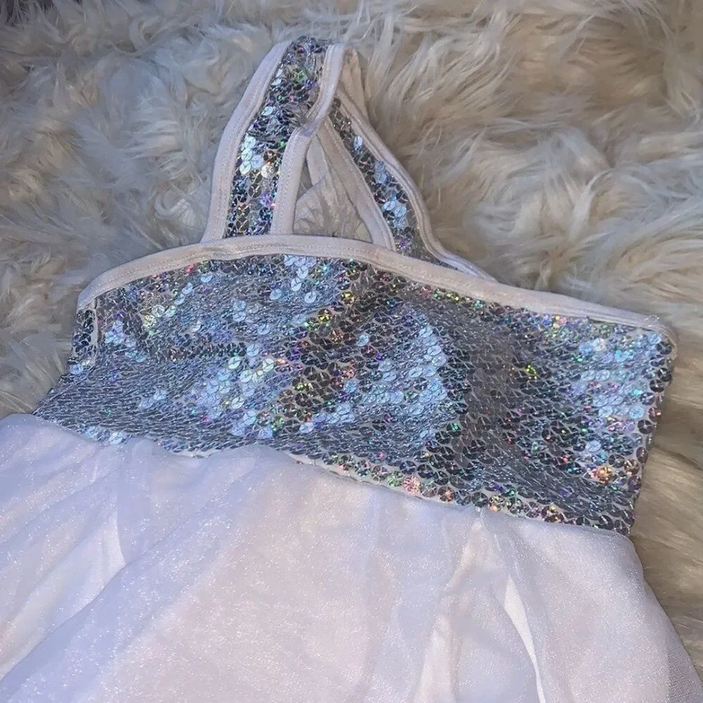 Lyrical White one shoulder girls dance costume with sequined top Medium Child